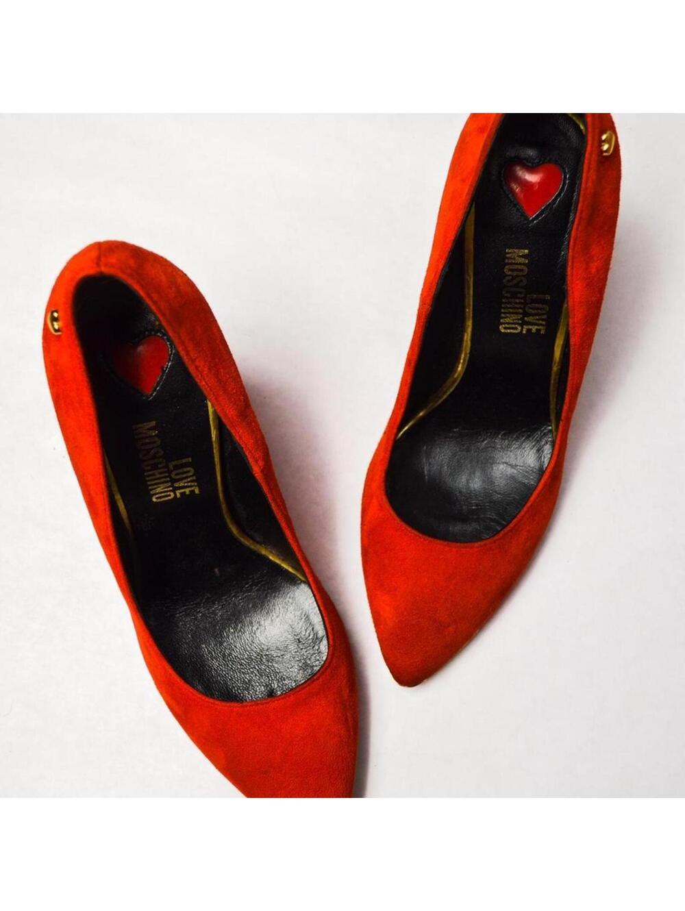 Red Moschino Love Pumps with Gold Studded Hearts